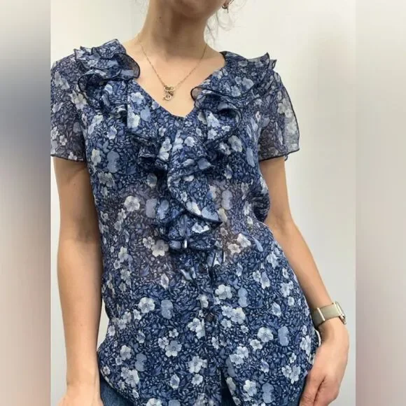 Y2K Oscar De La Renta Blue Floral Ruffle Short Flutter Sleeve Blouse Size 8 - Picture 2 of 14